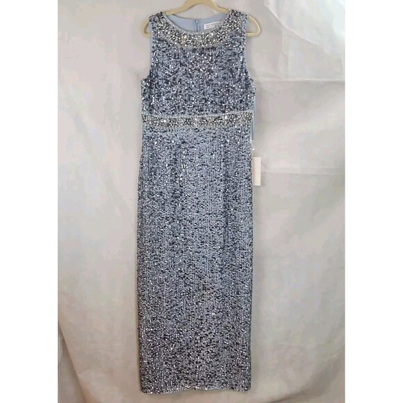 MAC DUGGAL 10839 Slate Blue Sequined Sleeveless Embellished Neckline Gown (12) - Picture 5 of 12